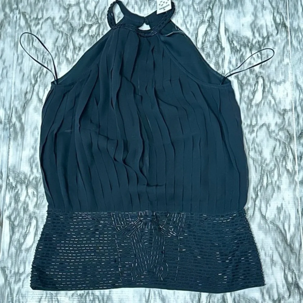 Express Black Sequin Pleated Open Back Halter Blouse NOS Y2K Silk Elegant Sexy